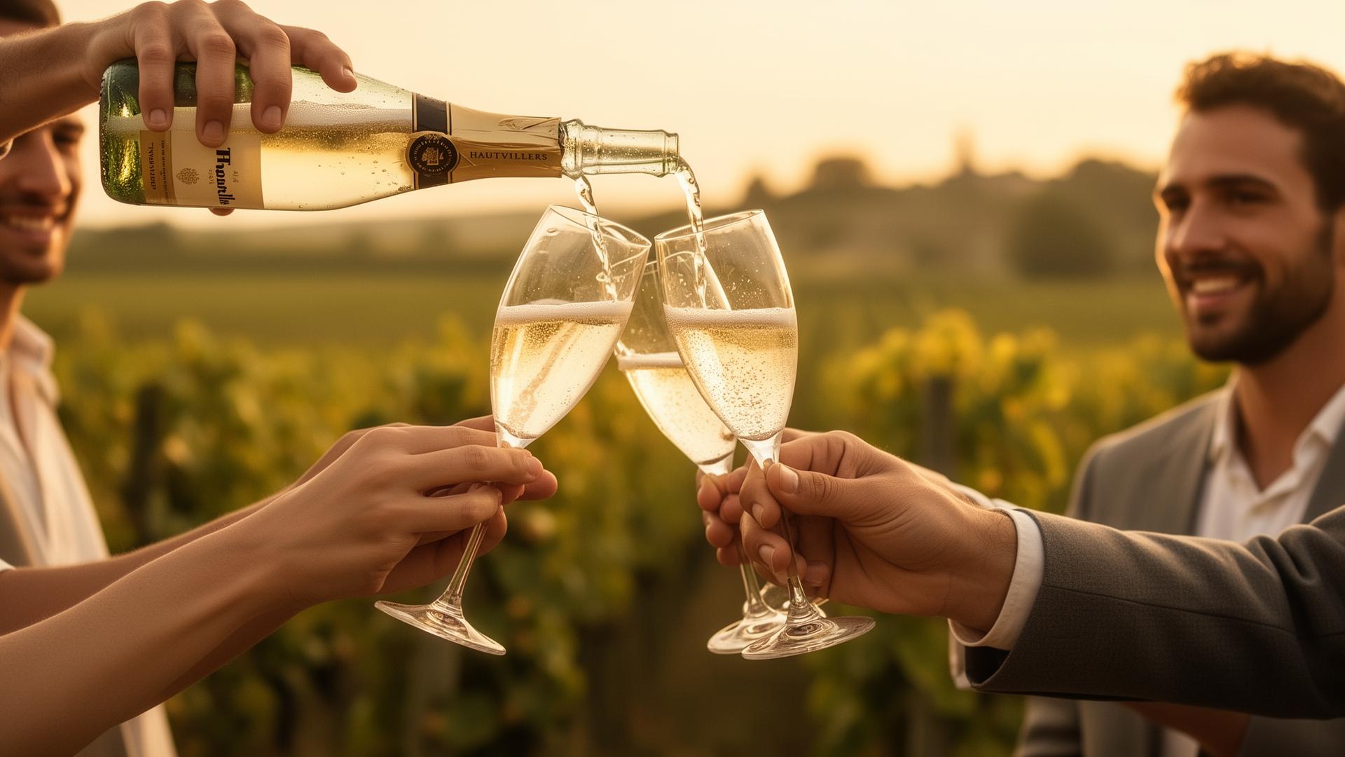 Champagne hældes op i to glas i Hautvillers ved solnedgang